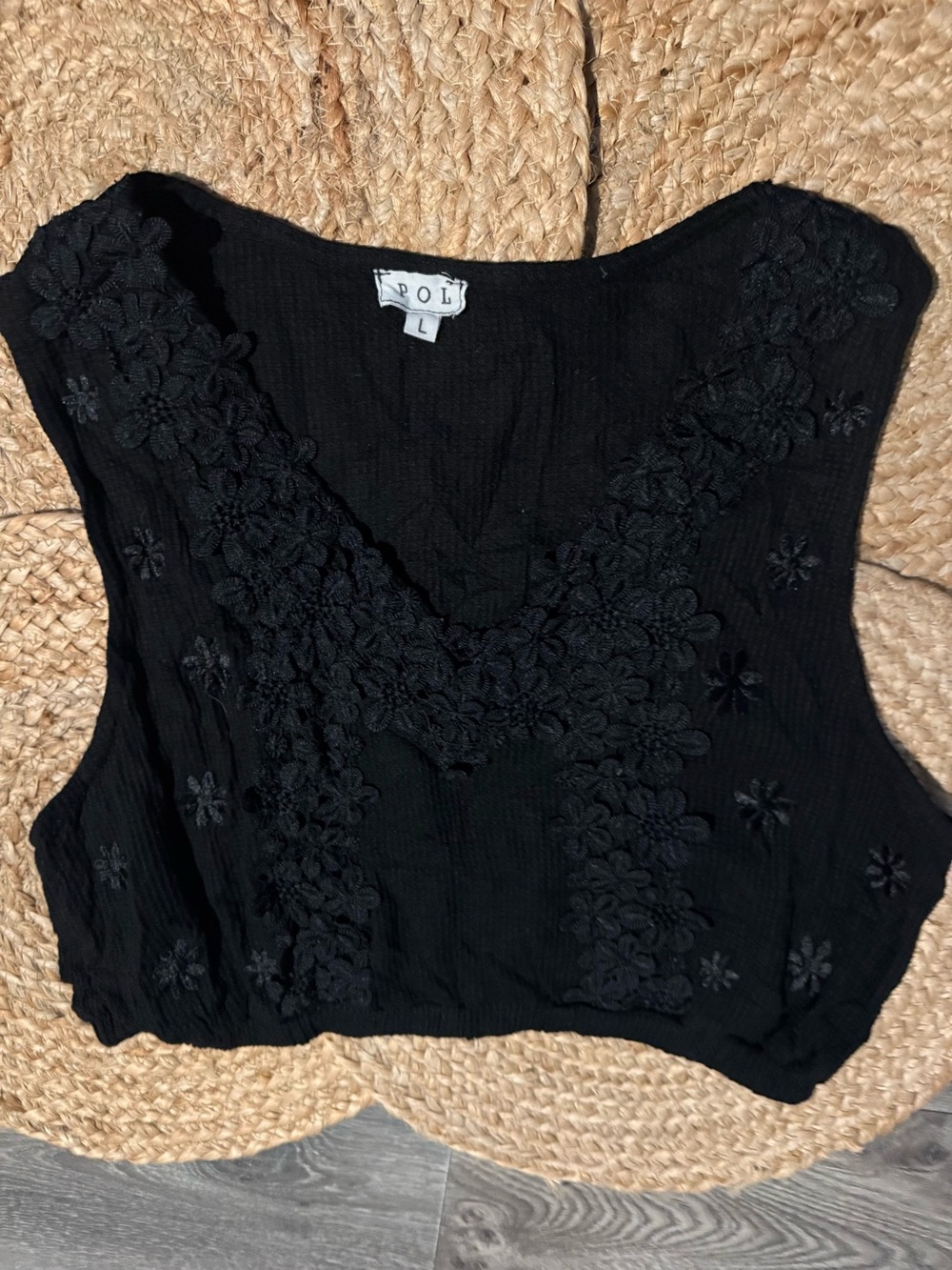 POL Black Textured Lace Embroidered Top Size Large Boho Cottagecore Blouse